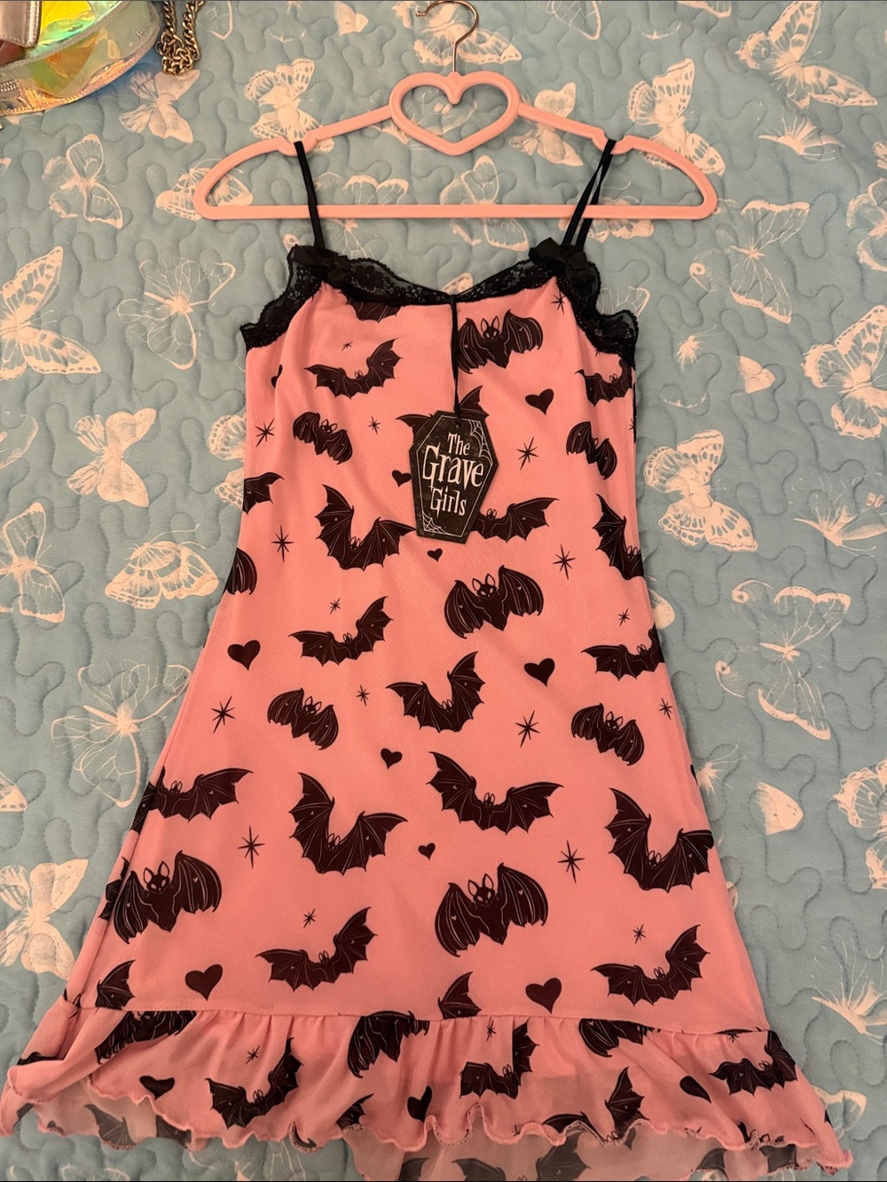 Dolls Kill Pink Bat-Print Slip Dress with Black Lace Trim